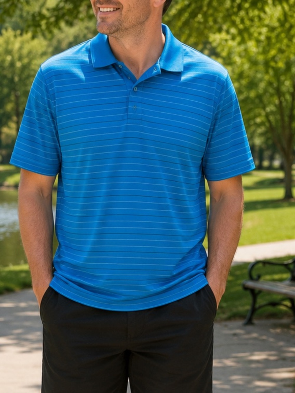 Men's size XL relaxed fit short sleeve polo shirt, blue with stripes